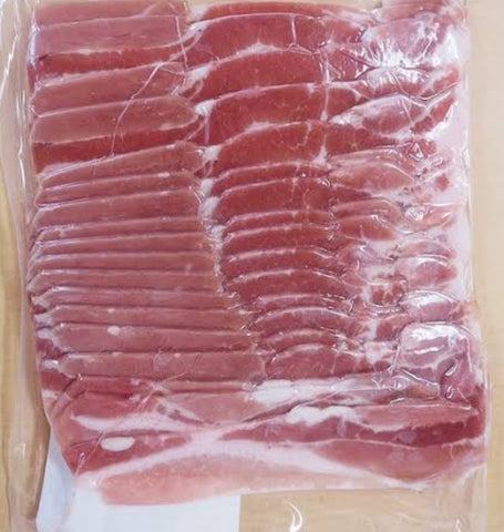 Sliced 2mm pork belly rind off (frozen) 500gm $22.50 per kg